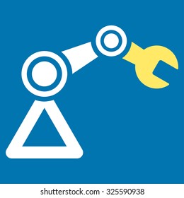 Robotics vector icon. Style is bicolor flat symbol, yellow and white colors, rounded angles, blue background.