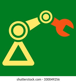Robotics vector icon. Style is bicolor flat symbol, orange and yellow colors, rounded angles, green background.