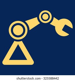 Robotics vector icon. Style is flat symbol, yellow color, rounded angles, blue background.