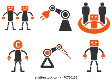 Robotics vector icons. Pictogram style is bicolor orange and gray flat icons with rounded angles on a white background.