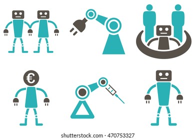 Robotics vector icons. Pictogram style is bicolor grey and cyan flat icons with rounded angles on a white background.