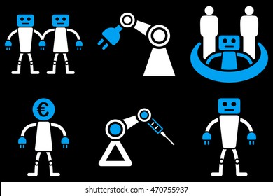 Robotics vector icons. Pictogram style is bicolor blue and white flat icons with rounded angles on a black background.