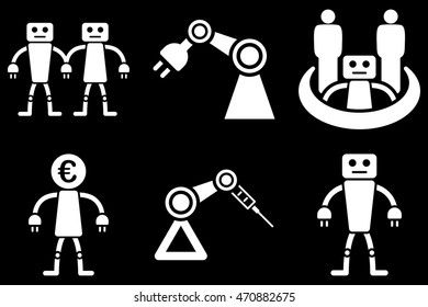 Robotics vector icons. Pictogram style is white flat icons with rounded angles on a black background.