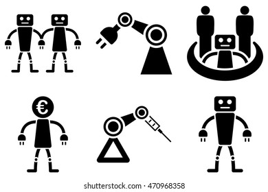 Robotics vector icons. Pictogram style is black flat icons with rounded angles on a white background.