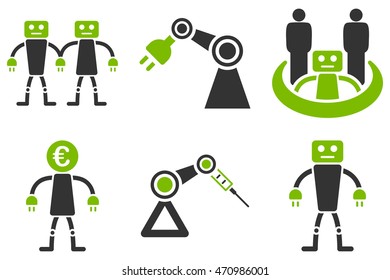 Robotics vector icons. Pictogram style is bicolor eco green and gray flat icons with rounded angles on a white background.
