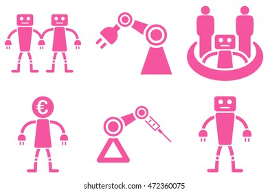 Robotics vector icons. Pictogram style is pink flat icons with rounded angles on a white background.