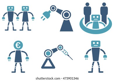 Robotics vector icons. Pictogram style is bicolor cyan and blue flat icons with rounded angles on a white background.