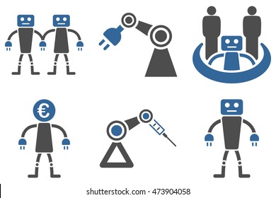 Robotics vector icons. Pictogram style is bicolor cobalt and gray flat icons with rounded angles on a white background.