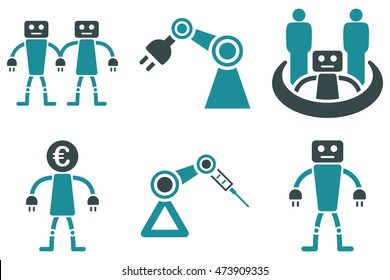 Robotics vector icons. Pictogram style is bicolor soft blue flat icons with rounded angles on a white background.