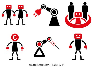 Robotics vector icons. Pictogram style is bicolor intensive red and black flat icons with rounded angles on a white background.