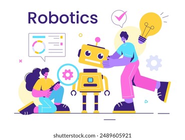 Robotics Vector Illustration of Artificial Intelligence Robots Communicating with Technology and Engineering, Featuring a Light Bulb and Gears