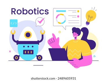 Robotics Vector Illustration of Artificial Intelligence Robots Communicating with Technology and Engineering, Featuring a Light Bulb and Gears