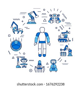 Robotics web banner. Innovation in technology. Assistants for people in different industries. Infographics with linear icons on blue background. Creative idea concept.