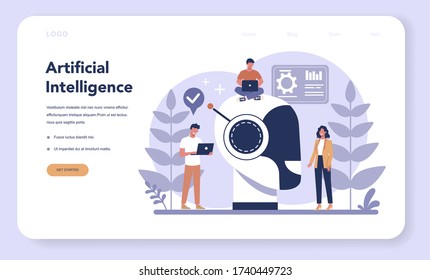 Robotics web banner or landing page. Robot engineering and programming. Idea of artificial intelligence and futuristic technology. Machine automation. Isolated vector illustration in cartoon style