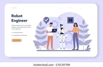 Robotics web banner or landing page. Robot engineering and programming. Idea of artificial intelligence and futuristic technology. Machine automation. Isolated vector illustration in cartoon style