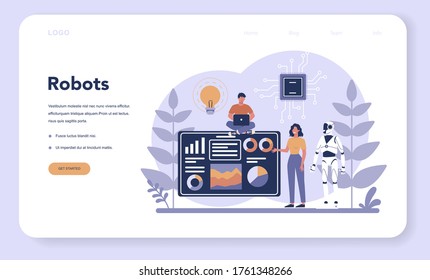 Robotics web banner or landing page. Robot engineering and programming. Idea of artificial intelligence and futuristic technology. Machine automation. Isolated vector illustration in cartoon style