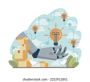 Robotization concept. Artificial intelligence as a part of human routine. Robots for people assistance. AI development, future technology concept. Flat vector illustration