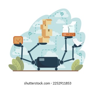 Robotization concept. Artificial intelligence as a part of human routine. Robots for people assistance. AI development, future technology concept. Flat vector illustration