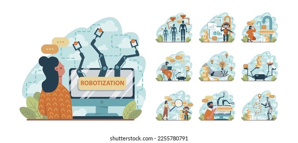 Robotization concept set. Artificial intelligence as a part of human routine. Robots for people assistance. AI development, future technology concept. Flat vector illustration