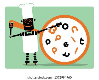 Robotization in HORECA sector. Cyborg - chef with huge pan where text "Bon appetit!" is placed by creative way.  RPA.