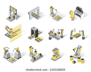 Robotization industry 3d isometric icons set. Pack elements of production conveyor lines at smart industry with robotic arms and automatic machines. Vector illustration in modern isometry design