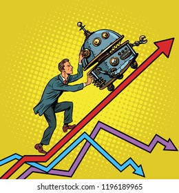 Robotization and technical revolution concept. Businessman pushes up the robot. Growth charts. Pop art retro vector illustration vintage kitsch