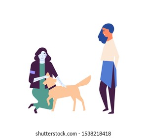 Robotized assistant walking dog flat vector illustration. Robot in daily human life. Artificial intelligence helper playing with pet. Woman and humanoid together cartoon characters isolated on white.