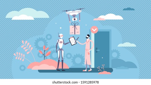 Robotized Delivery Service Tiny Person Vector Illustration Concept. Automated E-commerce Business Logistics And Transportation Future Tech. Fast Parcel Express Shipping To The Customer Door Front.