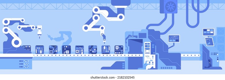 Robotisierte Geräte zur Montage von elektrischen Elementen flache Farbe Vektorgrafik. Produktionslinie und Förderband. Industrieller Fortschritt 2D einfache Cartowierungsobjekte in der Werkstatt mit Werkzeugmaschinen auf dem Hintergrund