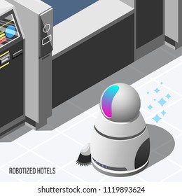 Robotized hotels isometric background with modern robotic cleaner and automatic machines used in hotel service vector illustration