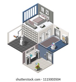 Robotized hotels isometric interior with robotic reception automatic bed robotic cleaner and assistants vector illustration