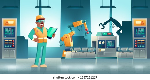 Robotized industrielle Produktion Cartoon Vektorkonzept. Roboter, die an modernen Fabrik- oder Anlagenförderern arbeiten, qualifizierte Arbeitskräfte, Ingenieure oder Servicetechniker mit Tablet-Illustration herstellen