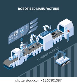 Robotized manufacturing isometric composition with automated conveyor robotic equipment interface elements of control panel vector illustration