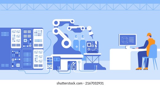 Línea de producción robótica en planta contemporánea. Ilustración vectorial de color plano. Trabajador en el control de computadoras proceso de fabricación 2D simple personaje de caricatura. Taller y equipo de antecedentes