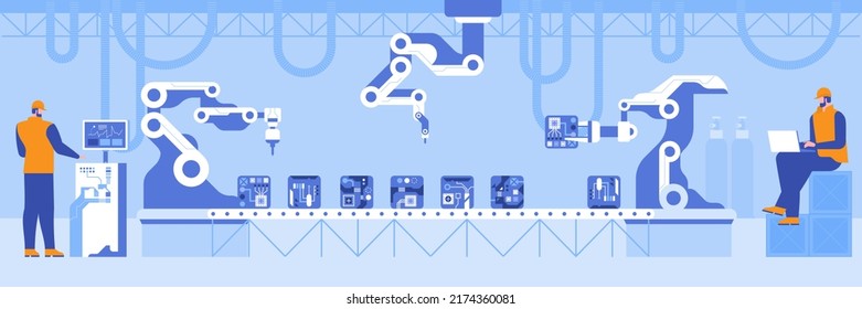 Robotized production line at contemporary plant. Flat color vector illustration. Workers at computer controlling manufacturing process 2D simple cartoon character. Workshop and equipment on background