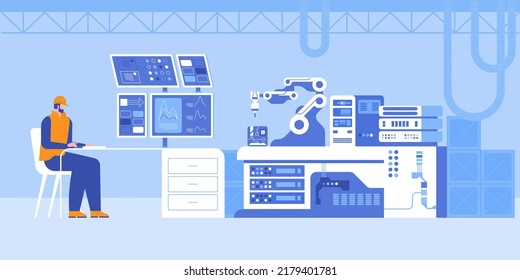 Robotized production line at contemporary plant. Flat color vector illustration. Worker at computer controlling manufacturing process 2D simple cartoon character. Workshop and equipment on background