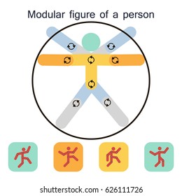 Robot-man. Modular figure of a person. Variants of movements. Multivariance. Unloaded-turned the limb around the indicated turning point.