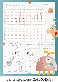 Robots activities for kids. Dot to dot game – Connect the dots, copy path. Numbers games for kids. Coloring page. Vector illustration.