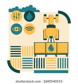 Robots in agriculture. AI-Powered high precision Spraying device for crops and vegetables. Decoration in geometric style with tractor, phone in hand, icons of monitoring and detecting.