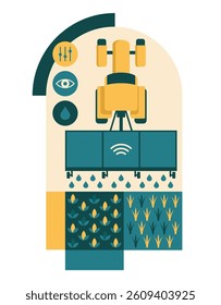 Robots in agriculture. AI-Powered high precision Spraying device for crops and vegetables. Decoration in geometric style with tractor, phone in hand, icons of monitoring and detecting.