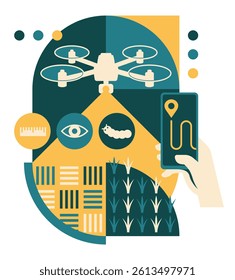 Robots in agriculture. AI-Powered high precision Spraying device for crops and vegetables. Decoration in geometric style with tractor, phone in hand, icons of monitoring and detecting.