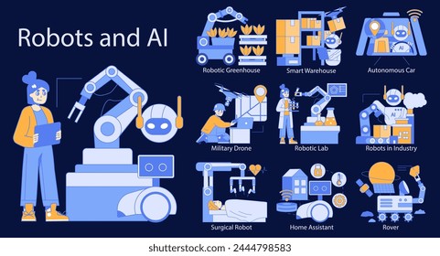 Robots and AI concept. Automation shaping the future of logistics, healthcare, military, and domestic life. Integration of artificial intelligence across fields. Vector illustration.