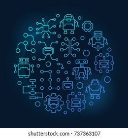 Robots and AI round blue illustration. Vector circular colorful symbol made with artificial intelligence and robot icons on dark background