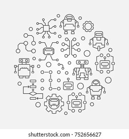Robots and AI round concept illustration. Vector circular symbol made with artificial intelligence and robot icons