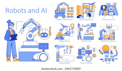 Roboter und KI-Set. Vielfältige Anwendungen der Robotik im Alltag und in der Industrie. In: Technology in Agriculture, Logistics, Healthcare, and Exploration. Vektorgrafik.