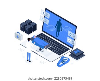 Los robots ayudan a los médicos en el análisis de datos, mejorando la precisión y eficiencia en la atención médica: paciente hospitalizado: inteligencia artificial en ilustración isométrica de la atención sanitaria