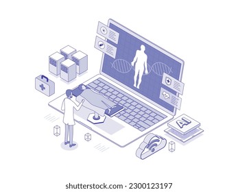 Robots aid doctors in data analysis, improving accuracy and efficiency in healthcare: patient in a hospital: artificial intelligence in healthcare lineal isometric illustration