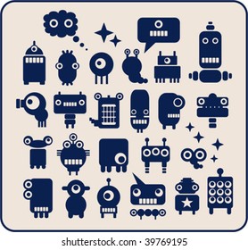 Robots and aliens collection. Vector set of cute monsters design.