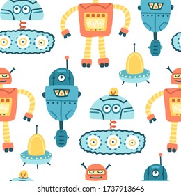 Robots aliens seamless pattern. Cute baby cartoon characters. Vector hand-drawn childish illustration in simple Scandinavian style. Colorful palette ideal for printing on kids textiles.