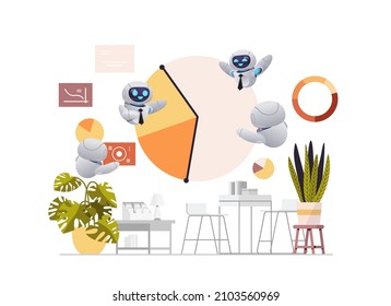 robots analyzing statistics data on diagram business report presentation artificial intelligence technology concept